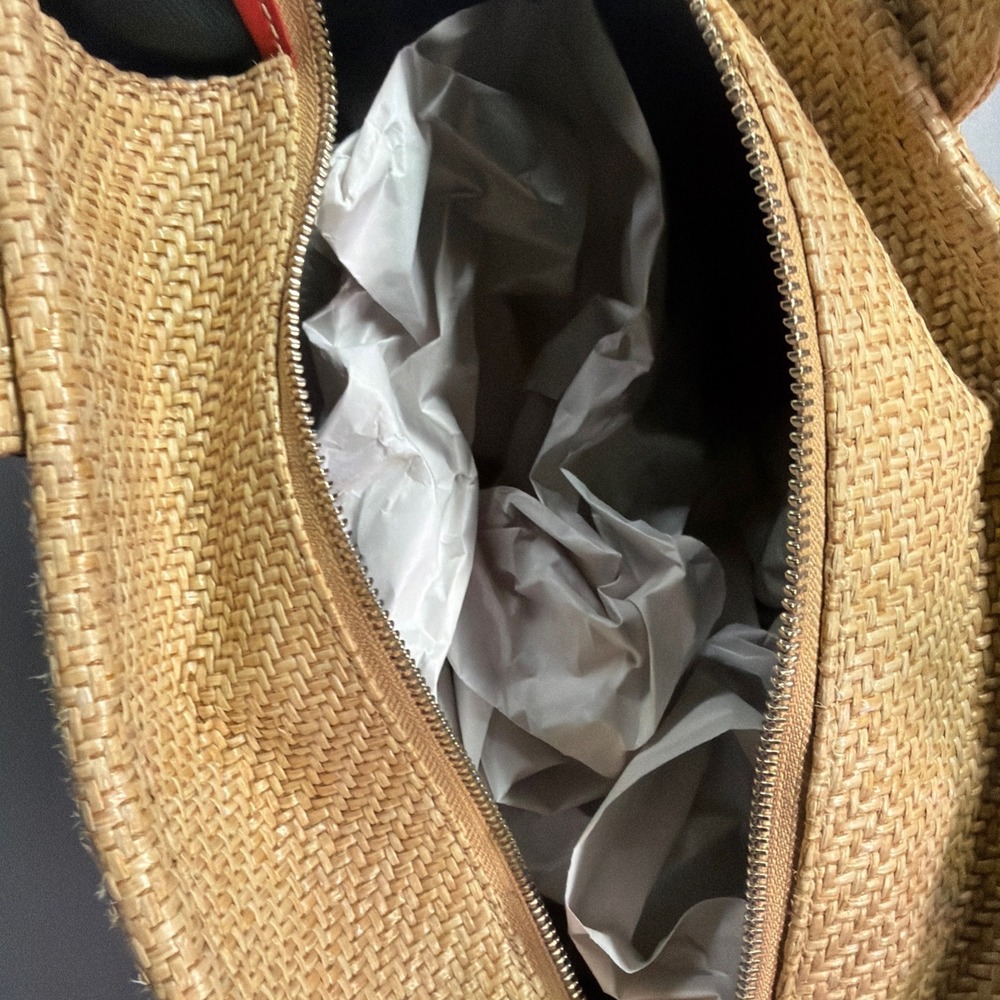 Marc Jacobs The Tote Bag Floral Embroidered Raffia Straw Small Tote Tan Red - Picture 5 of 10